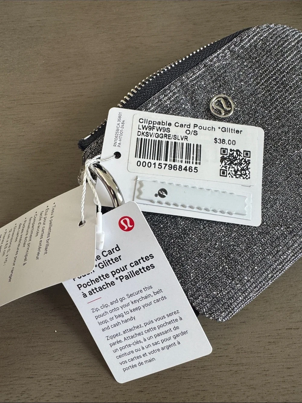 Lululemon Metallic Silver Glitter clippable card pouch